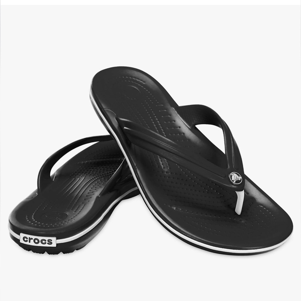 CROCS Women’s Black Flip Flop Sandals with White Trim